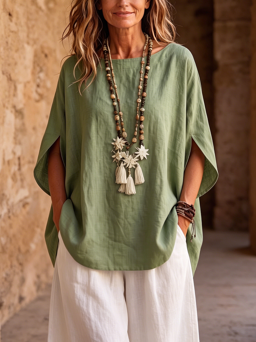 Relaxed Flattering Cotton-linen Batwing-sleeve Top