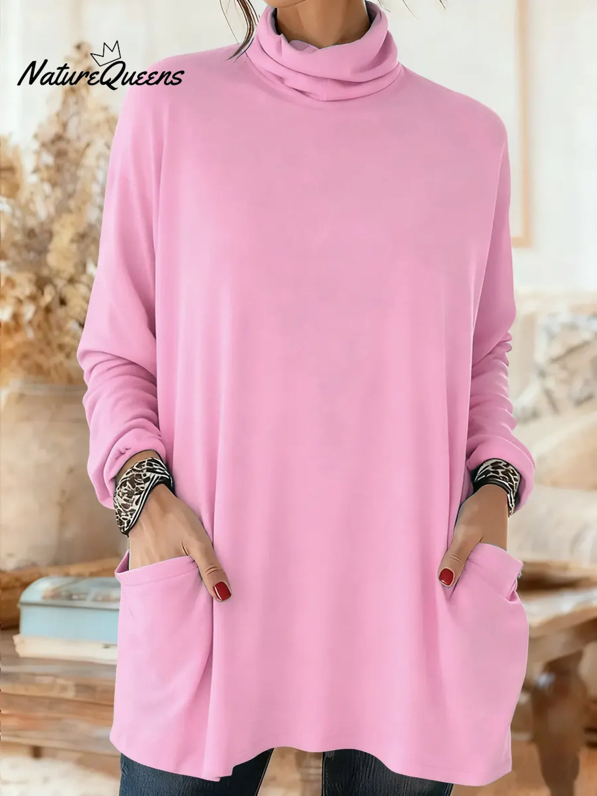 Women's Solid Color Turtleneck Long-sleeved Casual Loose Cotton Top
