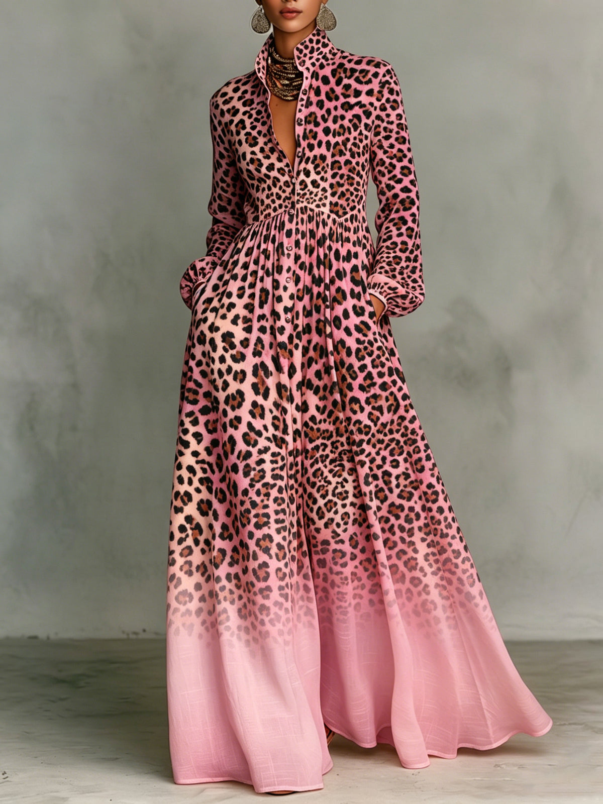 Gradient Leopard Print Stand Collar Button-down Maxi Shirt Dress