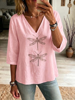 Boho Dragonfly-print Cozy V-neck Cotton-linen Shirt