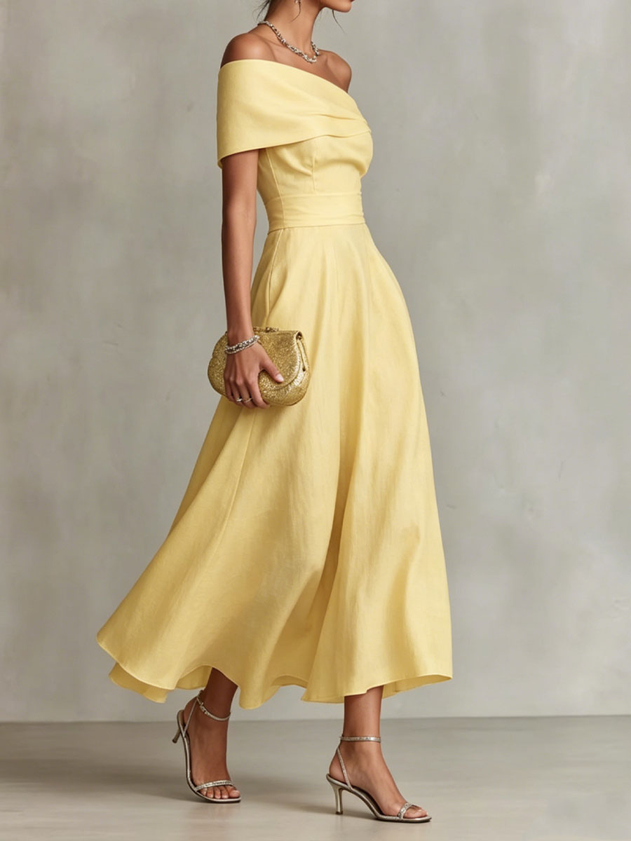 Women's Cotton-linen Solid-color Off-shoulder Backless Dress