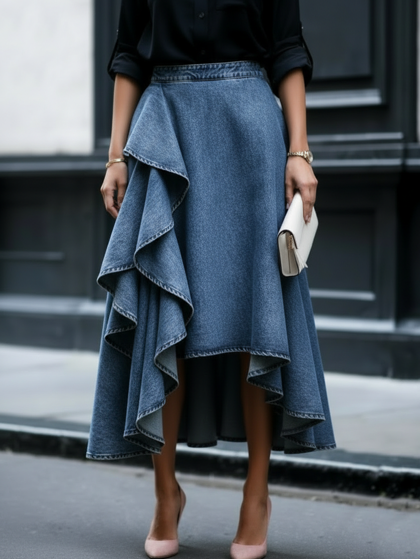 Ruffled Denim Skirt — Elegant Tiered Casual Style