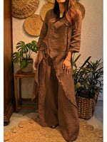 Casual Loose-fit Linen & Cotton Two-piece Set: Long Top With 3d Floral Accents And Trousers
