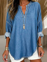 Women's V-neck Long-sleeved Casual Loose Denim Top