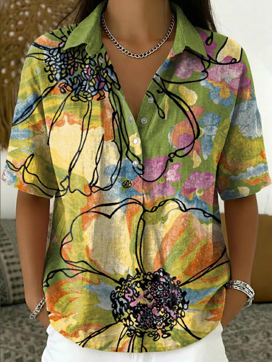 Women's Retro Color-block Floral Art Print Cotton-linen Loose-fit Short-sleeve Collared Shirt