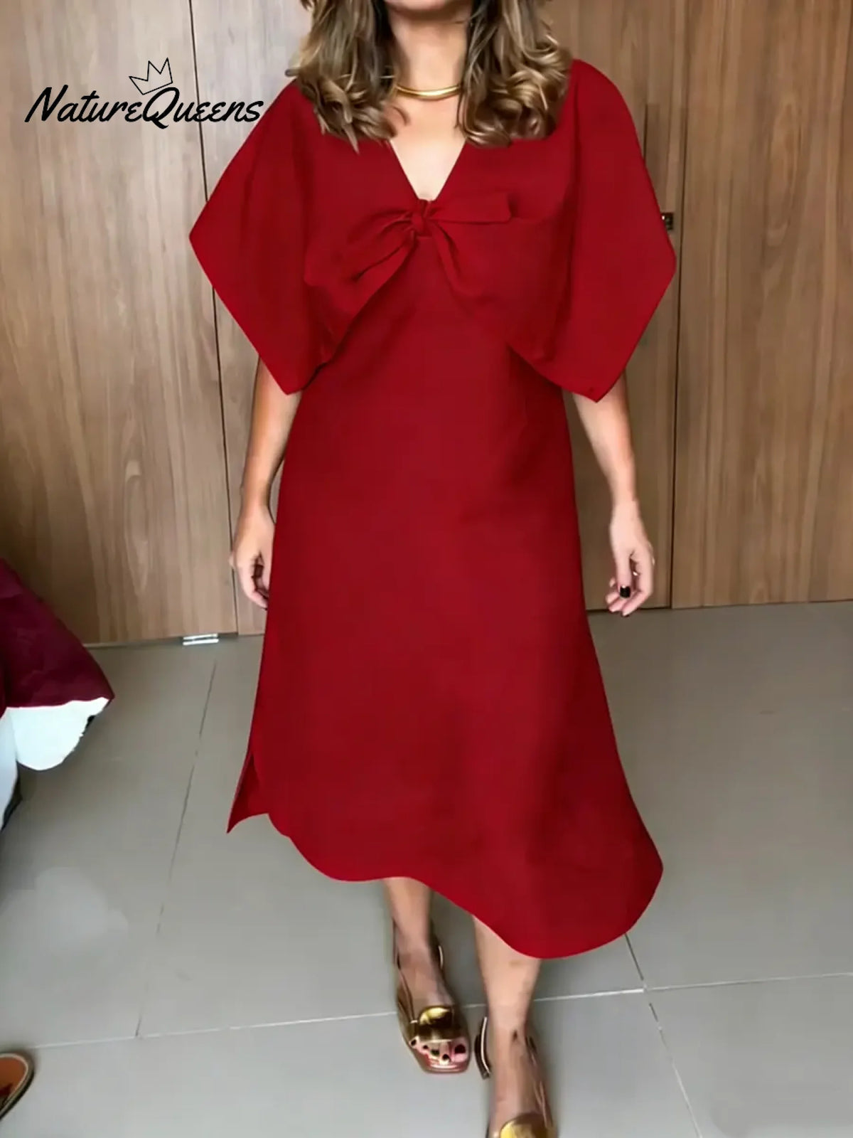 Women's Solid Color V-neck Short-sleeve Casual Loose Cotton Dress