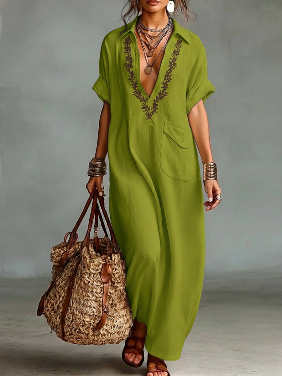 Loose-fitting V-neck Linen And Cotton Dress