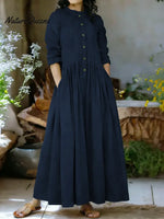 Women's Solid Color Stand-collar Long-sleeved Loose-fitting A-line Cotton Dress