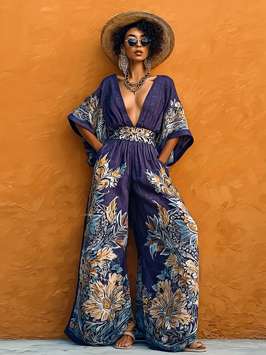 Boho Floral Print V-neck Wide-leg Jumpsuit