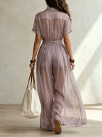 Women’s Summer Casual Fashion Chiffon Short-sleeve Shirt Jumpsuit
