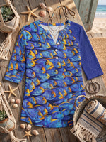 “Deep Sea Dream" Fish Print Henley Cotton T-shirt
