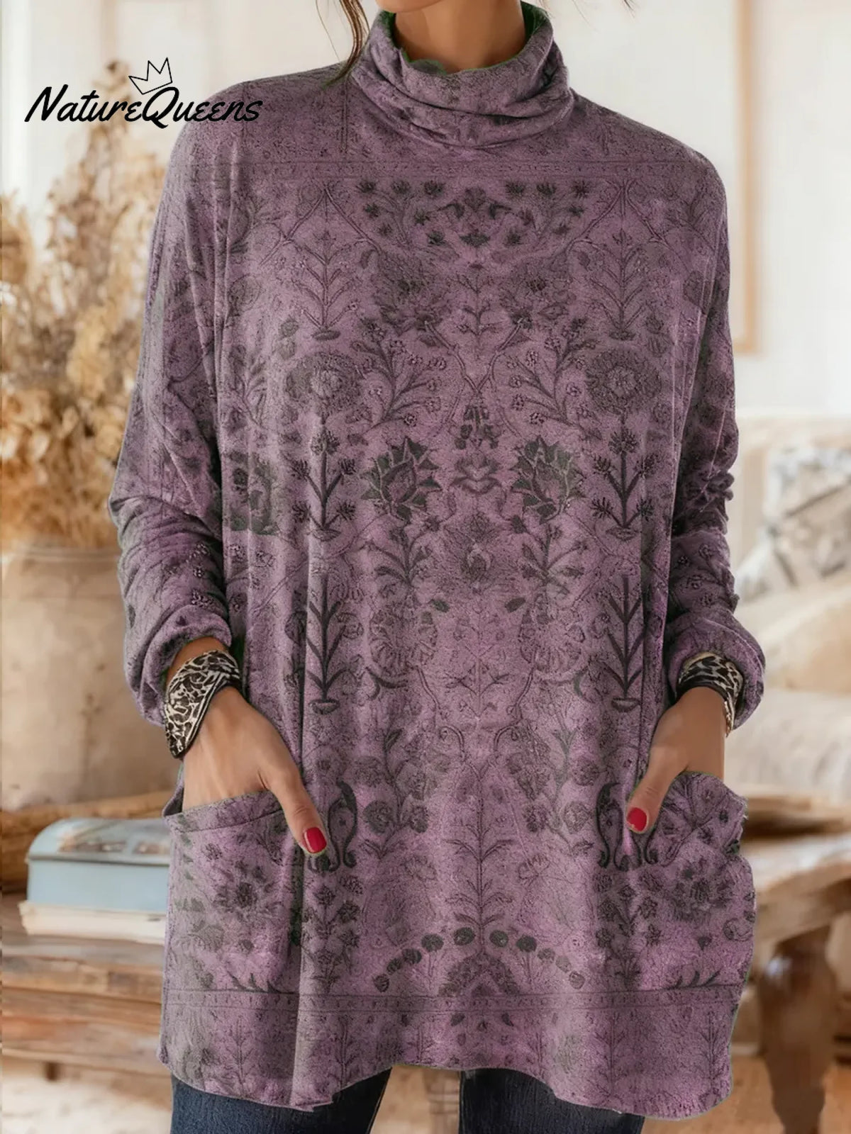 Women's Retro Print High-neck Long-sleeve Casual Loose Cotton Top