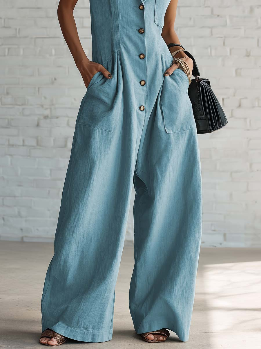 Elegant Lapel Button-up Loose-fitting Linen Jumpsuit
