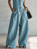 Elegant Lapel Button-up Loose-fitting Linen Jumpsuit