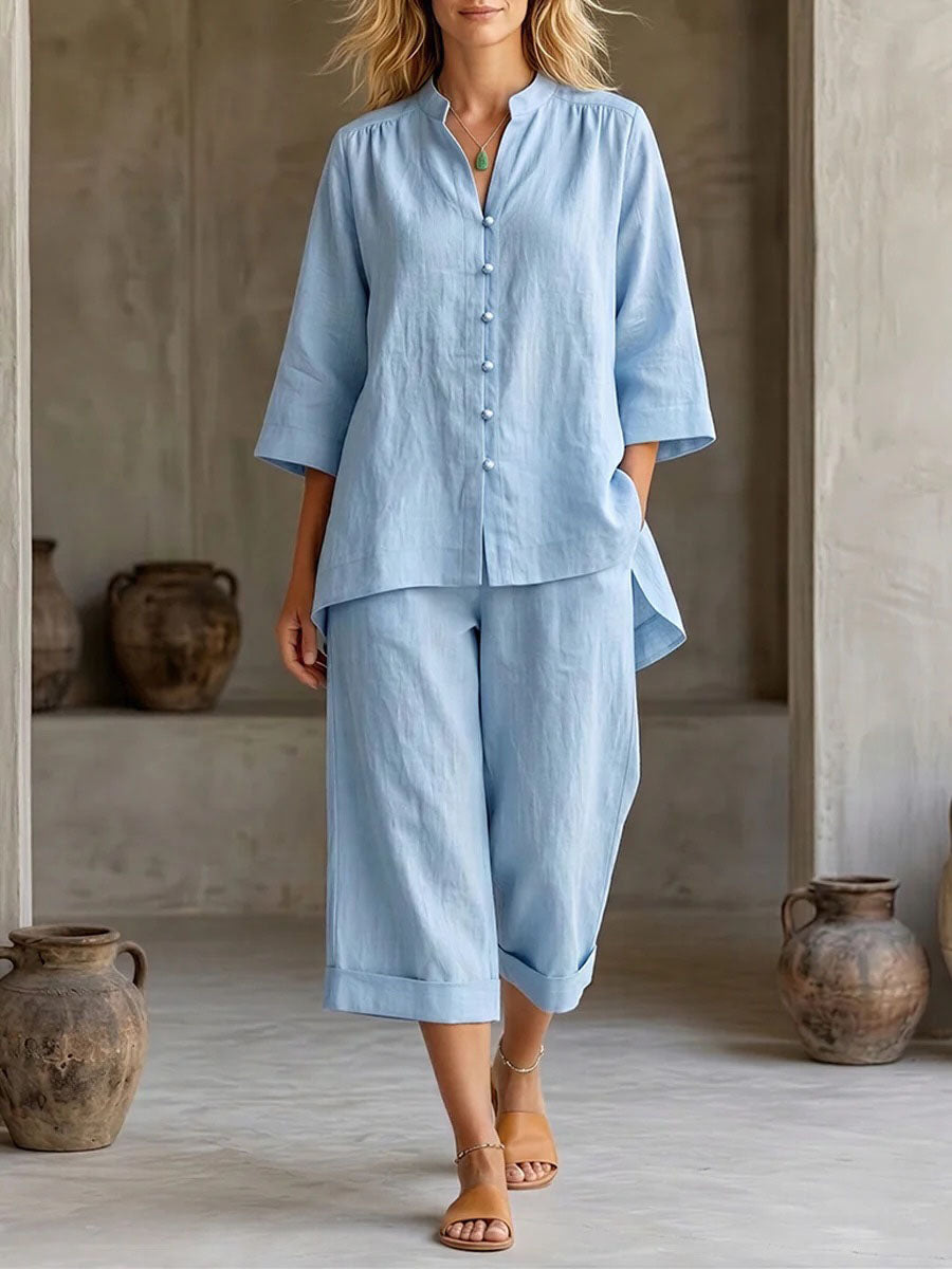 Women's Solid-color Cotton-linen Set: V-neck 3/4-sleeve Loose-fit Top & High-waisted Wide-leg Pants