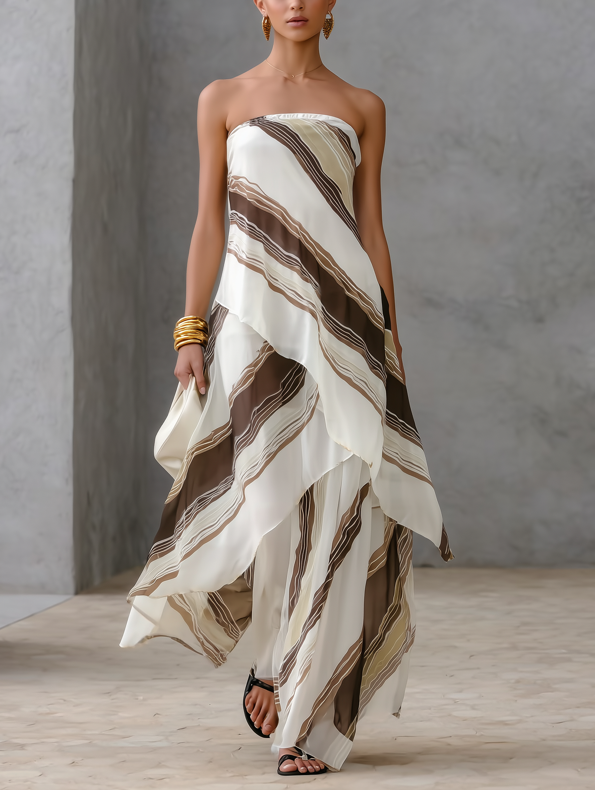 Abstract Striped Strapless Chiffon Maxi Dress