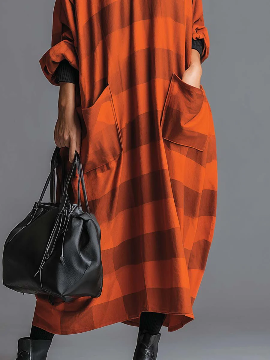 Cozy Plaid Print Loose-fitting Stand-collar Dress