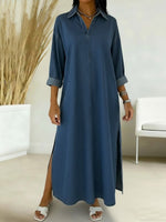 Women's New Spring Collection V-neck Long-sleeved Casual Loose Denim Dress With Side Slits.