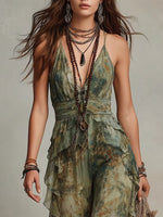 Green Watercolor Print Tiered Ruffle Chiffon Halter Neck Jumpsuit