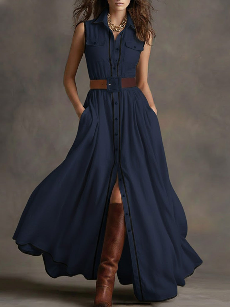 Women's Lapel Sleeveless Casual Loose Cotton And Linen Dress