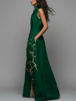Elegant Emerald Green Cotton-linen Maxi Dress With Gold Print