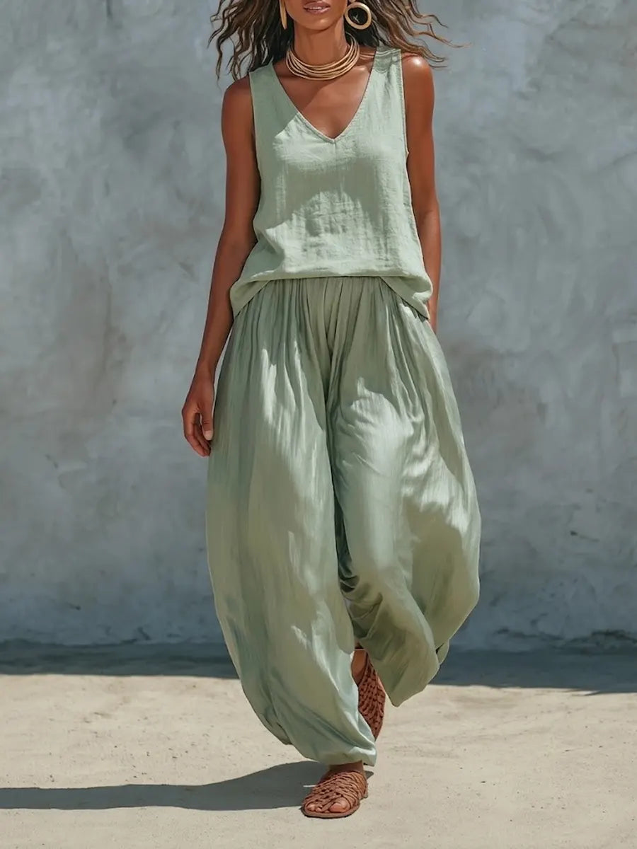 Vacation Style Linen Sleeveless Simple Set