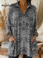 Women's Retro Print V-neck Long Sleeve Casual Loose Cotton Top