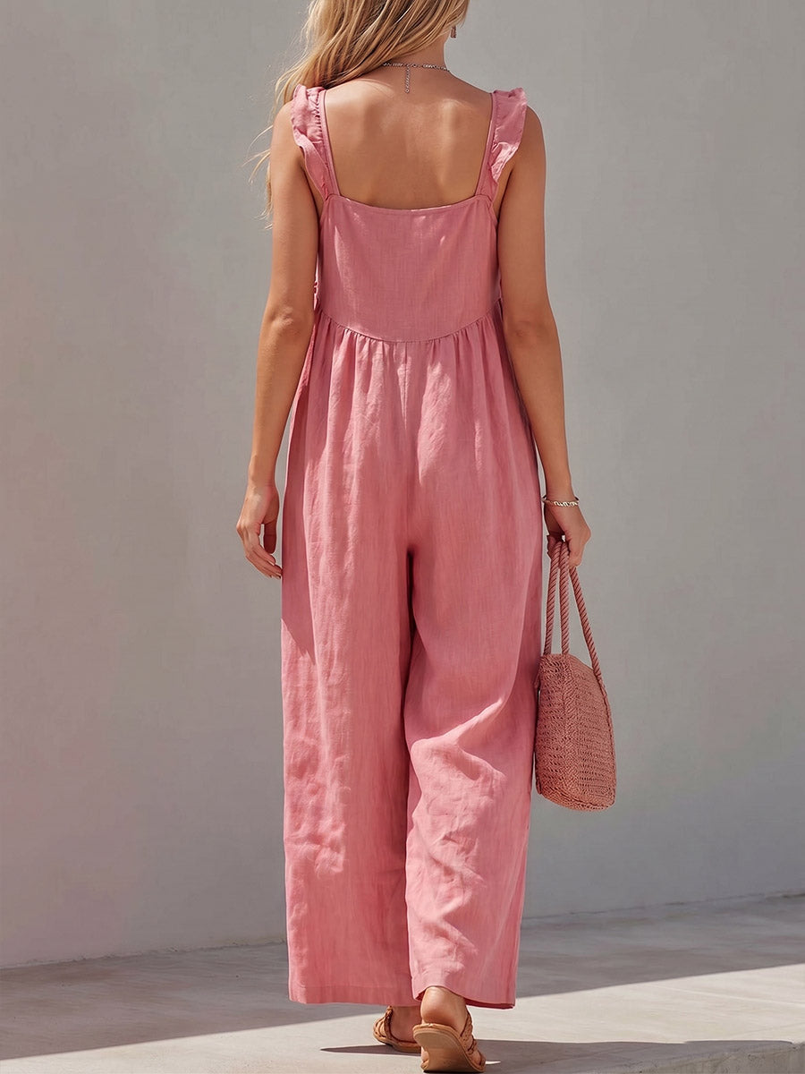 Women's Solid Color Square-neck Sleeveless Casual Loose Ruffled Wide-leg Jumpsuit