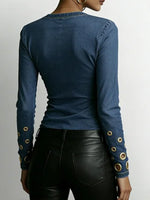 Women's Denim-look V-neck Long-sleeved Casual Loose-fitting Top