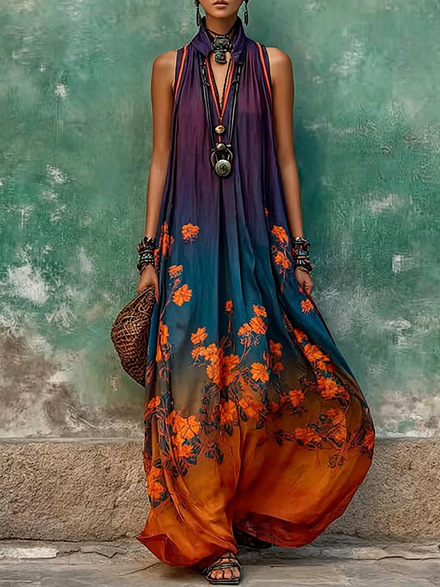 Women's Casual Loose Cotton-linen Dress — V-neck Sleeveless With Placement Print