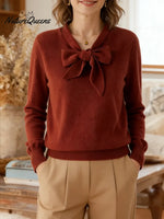 Women's Solid Color V-neck Bow Tie Long Sleeve Casual Loose Knit Sweater