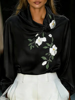 Women's Printed Stand-collar Long-sleeved Casual Loose Satin Top