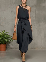 Stylish Casual Linen And Cotton One-shoulder Sleeveless Jumpsuit