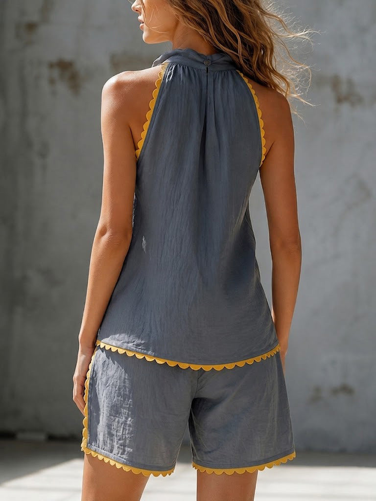 Cotton-linen Sleeveless Top With Wavy Trim + Shorts Set