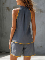 Cotton-linen Sleeveless Top With Wavy Trim + Shorts Set