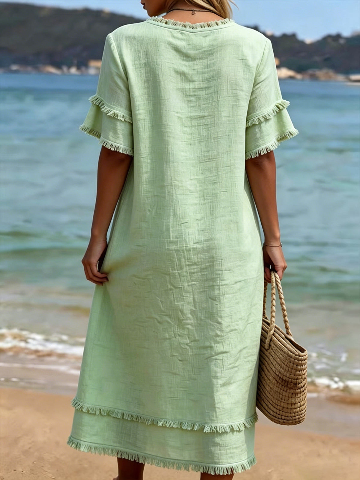 Jacquard Raw-edge V-neck Linen Resort Dress