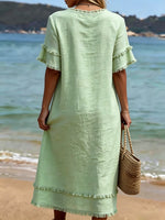 Jacquard Raw-edge V-neck Linen Resort Dress