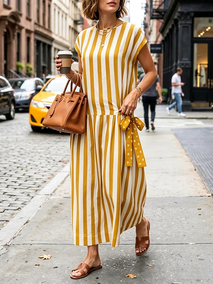 Women's Striped Print Round-neck Short-sleeve Casual Loose Cotton-linen Dress