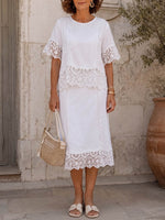Women's Solid-color Round-neck Short-sleeve Casual Loose Cotton-linen Top With Lace Splicing, Paired With A High-waisted Casual Loose Cotton-linen Skirt — Two-piece Set