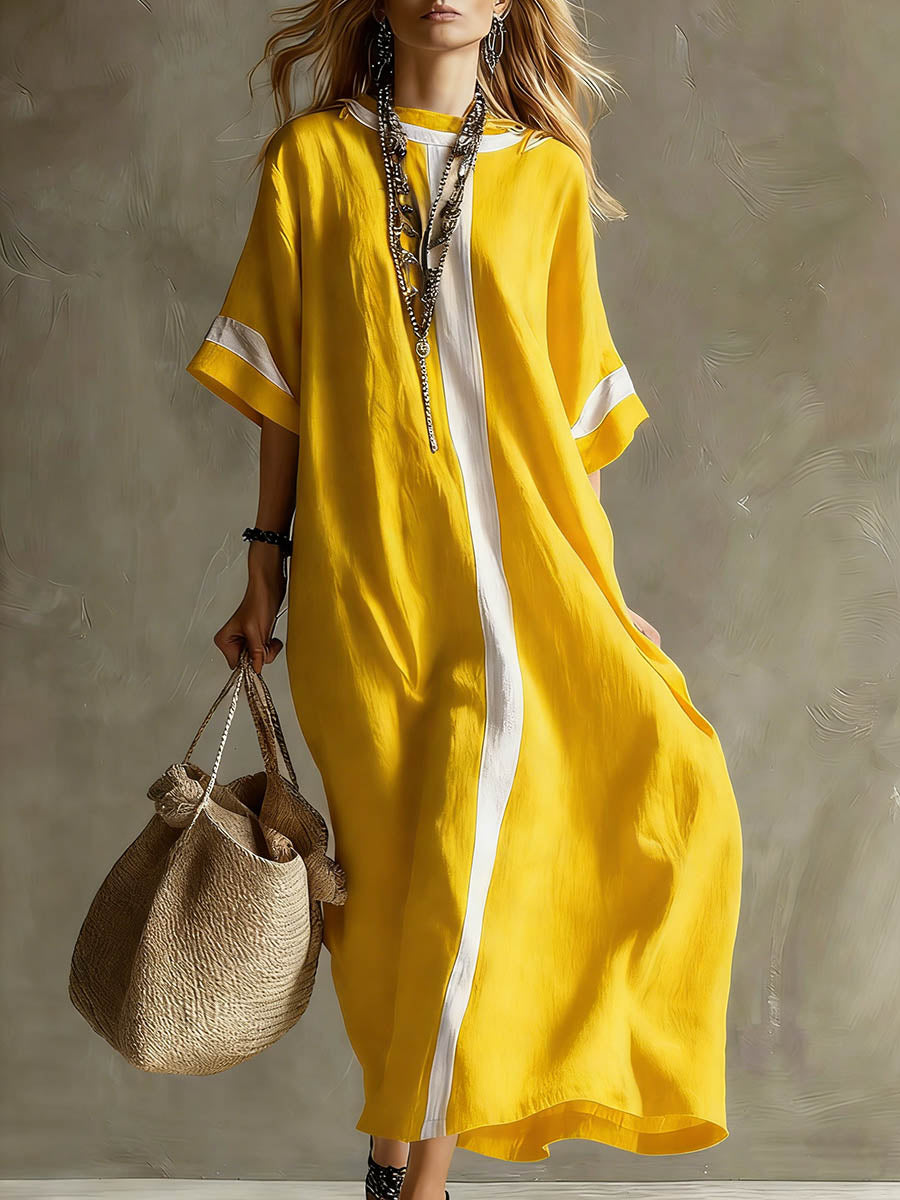 Women's Round Neck 3/4 Sleeve Casual Loose Cotton And Linen Dress