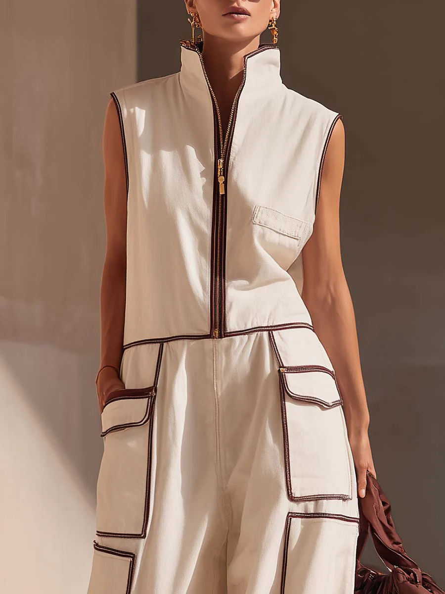 Casual Loose-fitting Color-blocked Workwear Jumpsuit