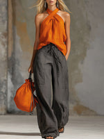Crisscross Halter Top + Drawstring Wide-leg Pants Set