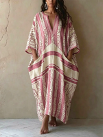 Abstract Line Print Cotton-linen Kaftan Maxi Dress With V-neck And Batwing Sleeves