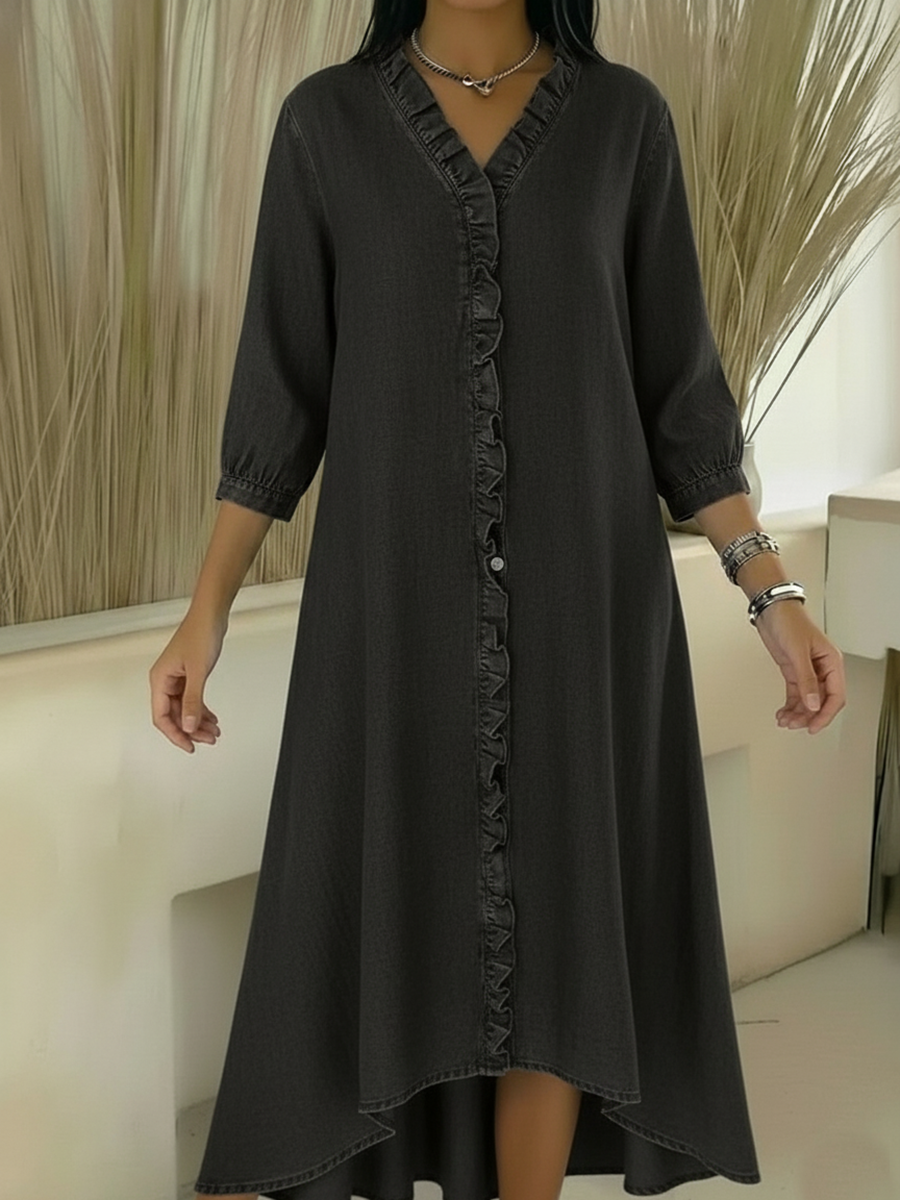 Casual Denim V-neck Ruffled Dress