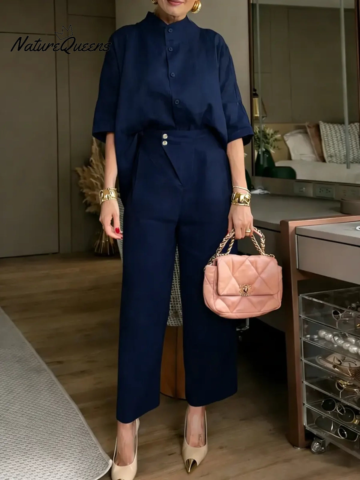 Women's Solid Color Stand-collar Three-quarter Sleeve Casual Loose Cotton And Linen Cardigan And High-waisted Wide-leg Pants Set