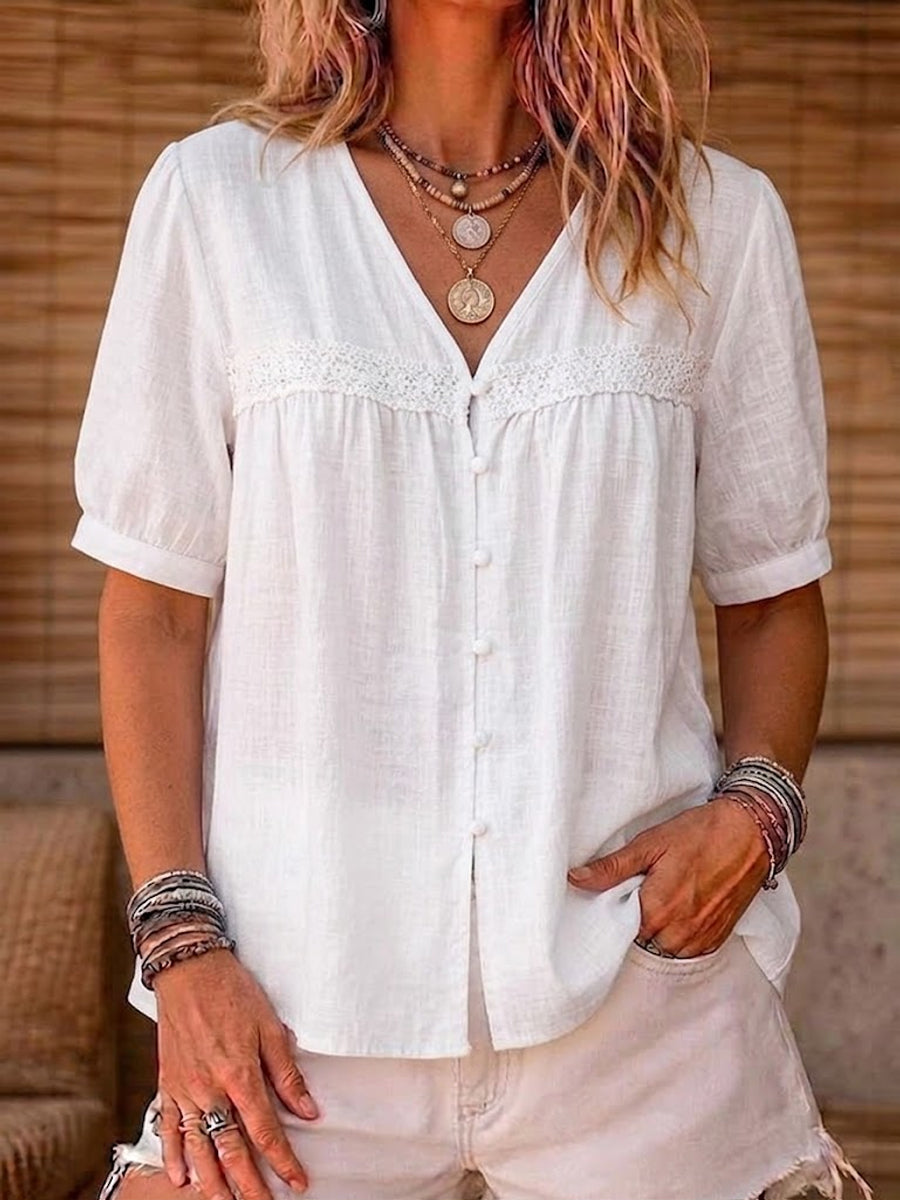 Women's Simple V-neck Cotton And Linen Top