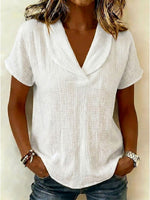 Peter Pan Collar V-neck Short-sleeve Cotton-linen Top