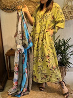 Women's V-neck Long-sleeved Casual Loose Floral Linen Dress