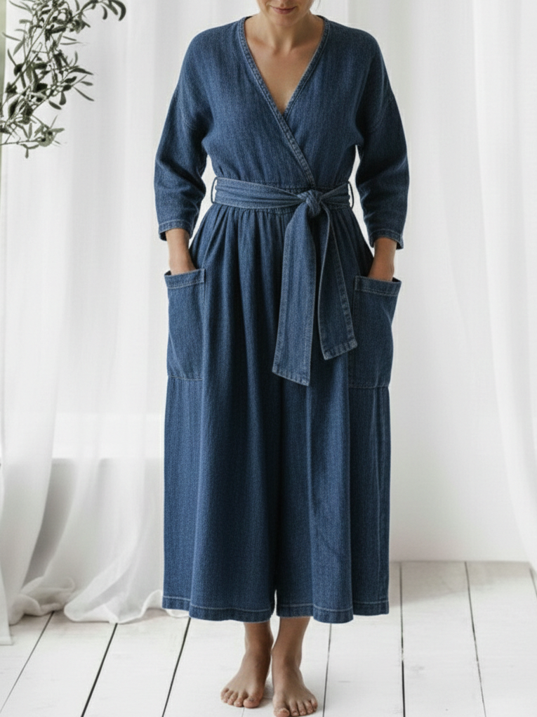 Casual Loose-fitting Denim Jumpsuit With Waist Tie