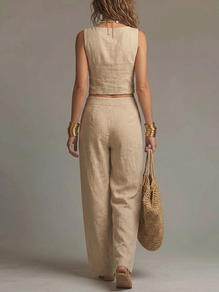 Conjunto de top corto sin mangas de algodón y lino con escote cuadrado y pantalón para mujer.